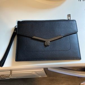Botkier NWOT black leather clutch wristlet detachable strap front closure pocket